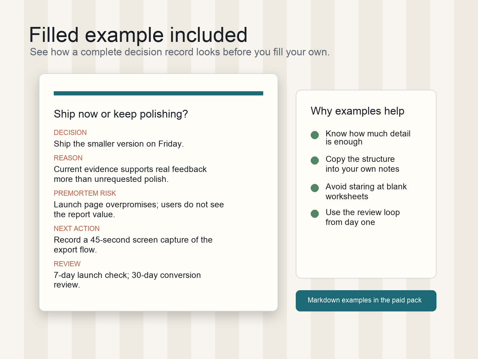 Preview of filled example pages from Decision Clarity Kit